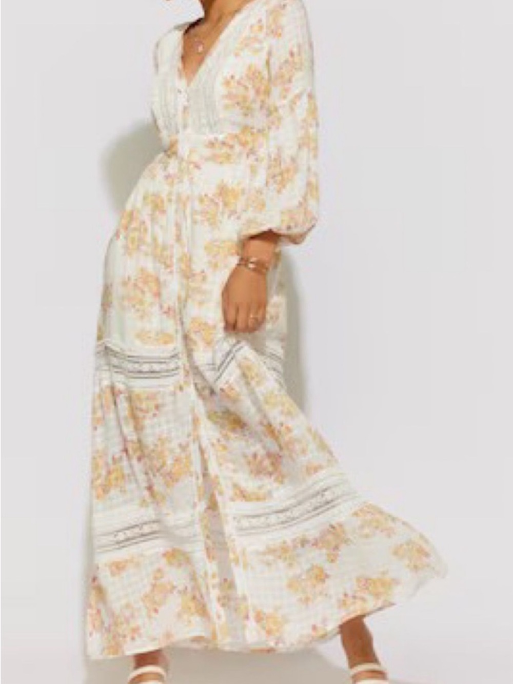 Floral Cream and Yellow Maxi Dress with Puff Sleeves